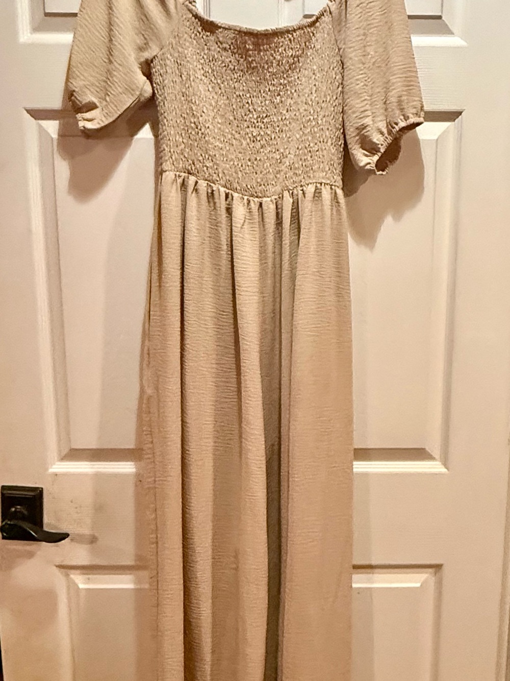 Beige Smocked Waist Jumpsuit- cute casual jumpsuit that can also be dressed up.